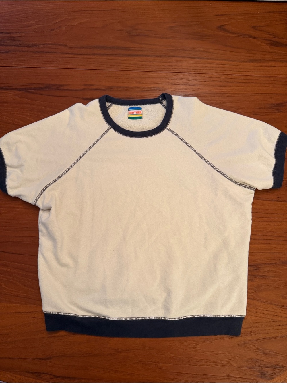 MOTHER Short-Sleeve Ringer Sweatshirt in White and Navy